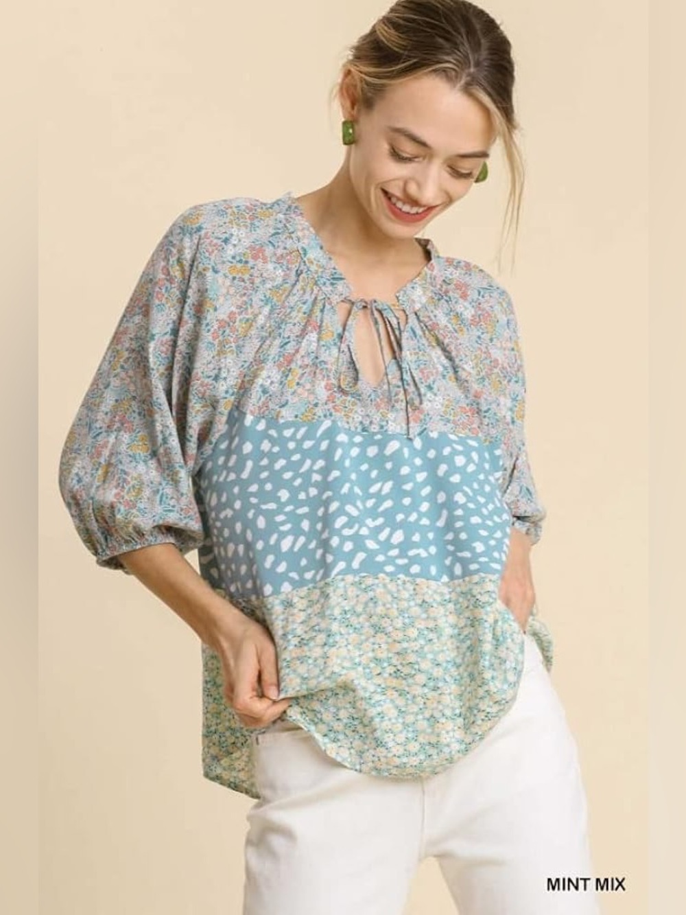 Umgee Blue Multi-Print Floral Patchwork Boho Peasant Blouse Medium Short Sleeve
